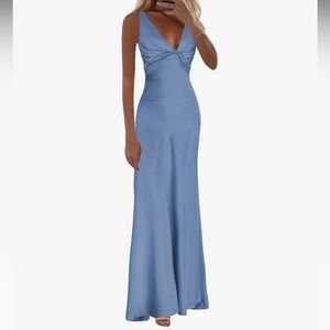 🆕 Halter Silk Prom Wedding Bridesmaid Long Satin Dress Blue Evening Maxi Gown